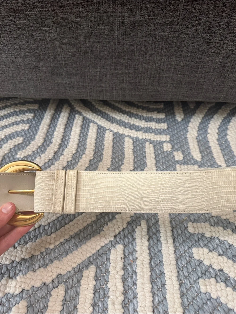 Vintage 80s 90s White Genuine Leather Belt Gold Statement Buckle Made in USA